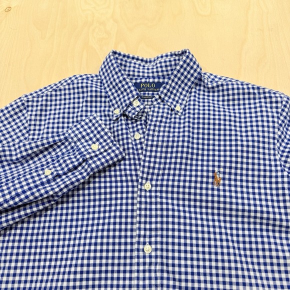 Polo Ralph Lauren Men's Medium Blue White Gingham Check Oxford Shirt Flesh Pony - Picture 2 of 10